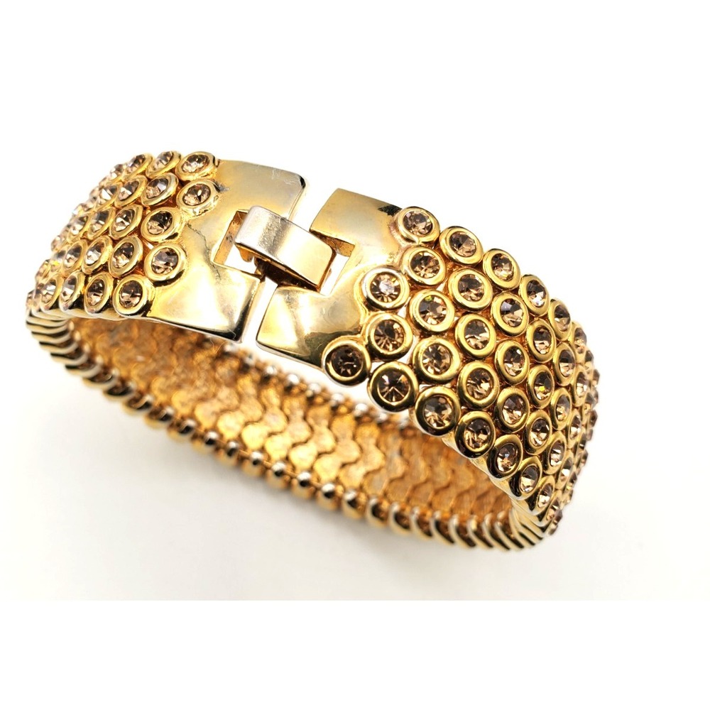 Vintage Couture Style Champagne Rhinestone Statement Bracelet Wide Cuff